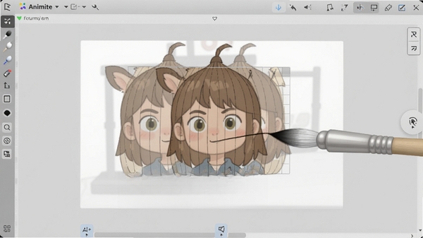 Animite 逐帧动画制作界面，展示洋葱皮技术效果，半透明的前一帧图像叠加在当前帧上，画笔工具绘制新线条，界面简洁干净，背景为浅灰色。