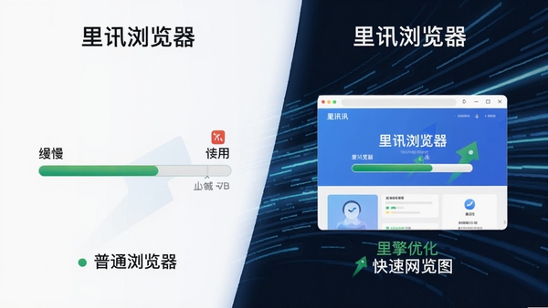 里讯浏览器网页加载速度对比示意图，左侧为普通浏览器加载缓慢的进度条，右侧为里讯浏览器快速加载完成的页面，背景为抽象的速度线条，强调其引擎优化带来的流畅体验