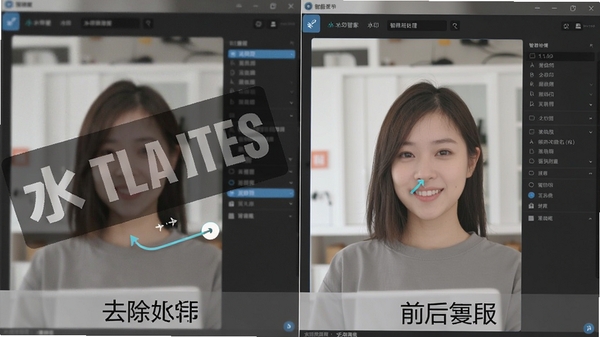 水印管家去除水印前后对比图，左侧图片带明显水印，右侧图片干净无痕，背景为软件处理界面，突出智能修复效果