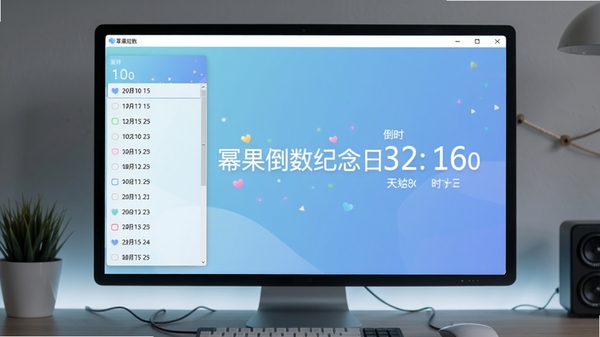 幂果倒数纪念日主界面预览图，展示软件在电脑桌面上的运行效果，界面清新简洁，左侧为日期列表，右侧显示倒计时天数，背景为淡雅的渐变蓝色，整体风格现代，画面中央有软件名称“幂果倒数纪念日”字样