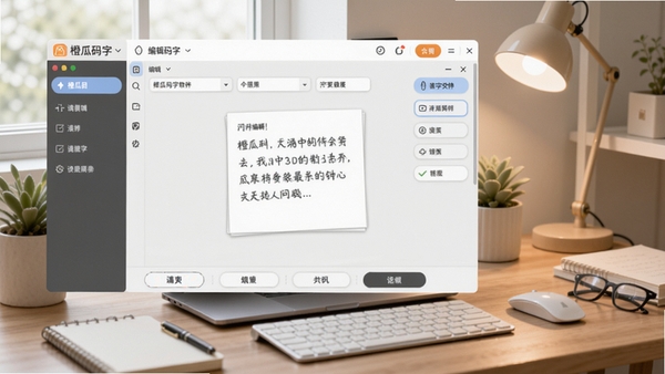 橙瓜码字软件主界面截图,展示其清爽的编辑区和功能布局,背景为淡雅的写作工作台场景