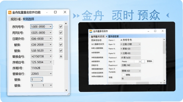 金舟批量重命名软件功能展示图，画面左侧为规则选择面板，右侧实时预览重命名效果，序列号、日期、替换等选项清晰可见，背景为浅蓝色渐变，突出软件的丰富功能