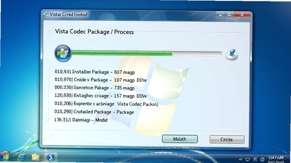 Vista Codec Package 安装过程截图，显示进度条与当前安装组件名称，背景为Windows Vista风格的半透明窗口，整体色调清新淡雅