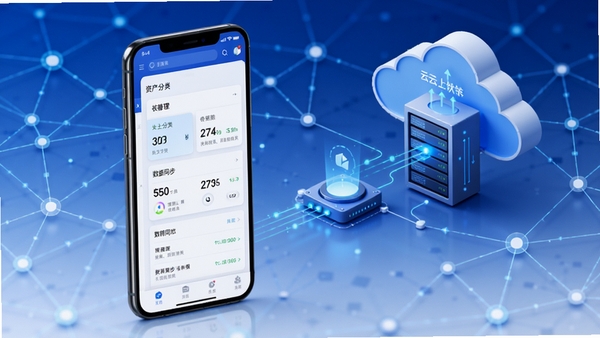 云上链软件主界面预览图，展示其简洁的资产分类管理面板与数据同步状态，背景为抽象的数字化云端网络节点连接图，整体色调以科技蓝与纯净白为主，画面主体为手机界面模型与云端服务器数据交互的视觉呈现