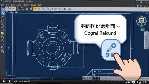 豹图CAD软件内置的操作指引动画截图，画面中显示一个新手引导气泡，指向测量工具图标，背景为一张简单的机械零件图纸，整体风格友好亲切，突出软件易上手的特性
