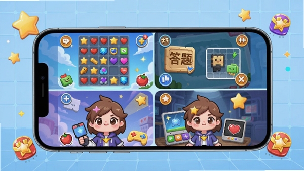 创作一张星拾欢趣内置小游戏集合的预览图,画面中心是一部手机,屏幕被均匀划分为四个方格,每个方格内展示一款不同风格的小游戏缩略图,如消除、答题、反应测试等。游戏画面色彩鲜艳,角色形象可爱。背景是带有科技感的浅蓝色网格,点缀着星星和奖励图标,传达出休闲竞技与趣味挑战并存的感觉。