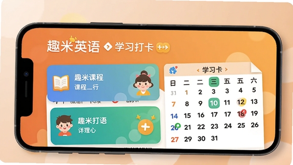 趣米英语APP主界面预览图,手机屏幕内展示色彩明快的课程列表和学习打卡日历,背景为温暖的橙色渐变,整体风格扁平化,突出软件名称“趣米英语”的LOGO,光线柔和,细节清晰,适配Boogu模型生成