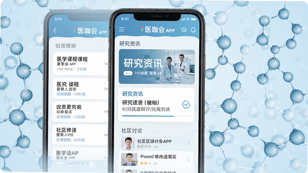 医咖会APP主界面展示，手机屏幕中显示医学课程列表、研究资讯板块和社区讨论区，背景为淡蓝色医学分子结构图，整体风格简洁专业，高清渲染