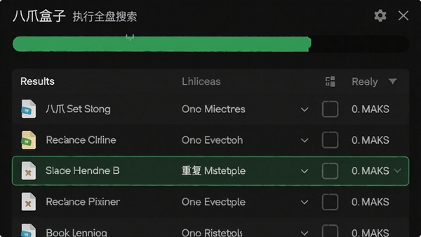 八爪盒子执行全盘搜索操作时的界面展示，显示搜索进度条与结果列表，高亮标记重复文件，背景为深色主题，突出绿色进度条与文件图标