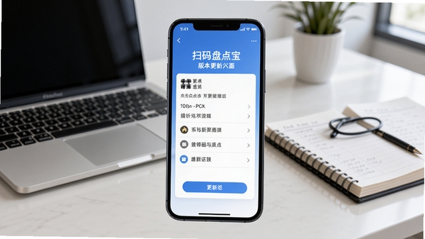 扫码盘点宝版本更新界面，手机屏幕显示更新日志，背景为办公桌，有电脑和账本，风格简洁商务