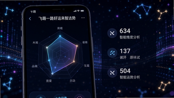 飞萌一路好运来智能运势分析界面,手机屏幕内显示雷达图形式的运势维度分析,旁边有具体的分数和文字解读,背景是抽象的数据流和星座符号,科技感与神秘感并存