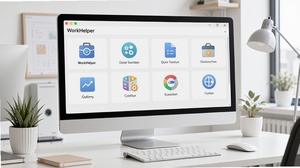 WorkHelper 电脑端效率辅助工具的主界面预览图,画面展示整洁的功能布局与多个实用模块图标,背景为现代简洁的办公桌面环境,整体风格明亮清晰,突出软件的实用性与专业性