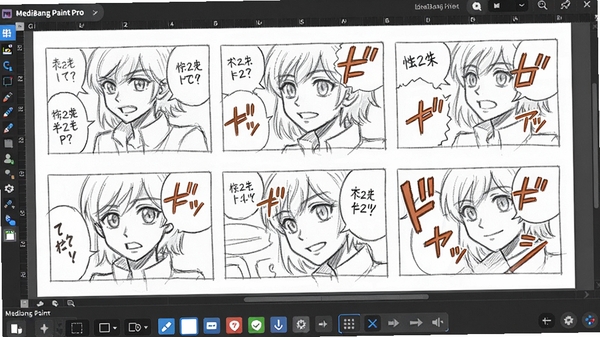 MediBang Paint Pro漫画分格工具使用场景，画布上展示多个分格漫画草稿，包含对话气泡与拟声词，界面下方显示分格编辑选项，整体色调明亮
