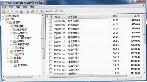 亿吉尔内河19概预算软件定额库浏览窗口，左侧分类树，右侧显示定额子目编号、名称、单位及基价，界面布局规整，字体清晰