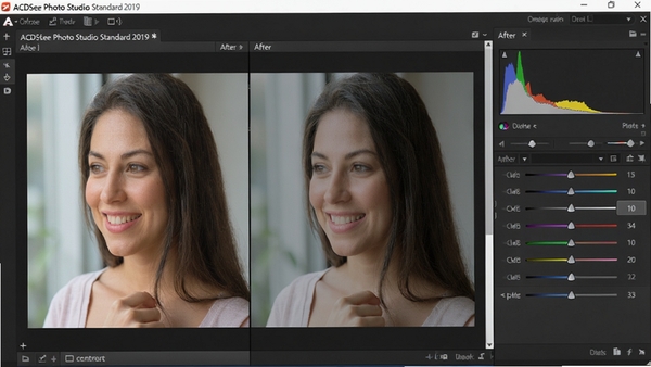 ACDSee Photo Studio Standard 2019编辑界面,显示调整前后对比视图,右侧直方图与调整滑块清晰可见,图片色彩鲜艳细节丰富