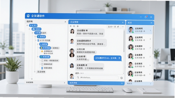 企友通软件主界面全景预览图，展示左侧组织架构树、中部聊天窗口、右侧成员列表，背景为现代简洁的办公桌面，整体色调以蓝白为主，画面清晰明亮，体现企业协作氛围