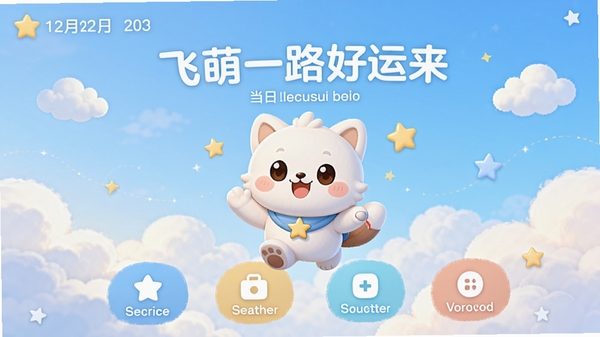 飞萌一路好运来主界面预览图,展示清新的首页布局,包含日期、当日运势等级和核心功能入口,背景为柔和的渐变天空蓝,画面中心是应用的吉祥物卡通形象,四周环绕着云朵和星星元素,整体风格明快温馨