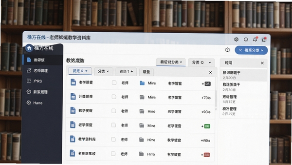 梯方在线-老师端教学资料库界面，展示文件列表与分类标签，背景为书架，营造知识管理氛围，画面整洁有序
