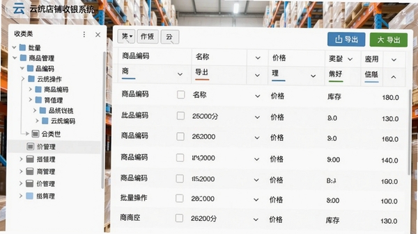 云统店铺收银系统商品管理界面截图，左侧分类树，右侧商品列表，顶部有导入导出按钮，表格中显示商品编码、名称、价格、库存数量，界面清晰展示批量操作功能，背景为仓库货架，整体色调明亮