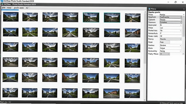 ACDSee Photo Studio Standard 2019批量重命名操作界面,多张图片缩略图整齐排列,右侧属性面板显示重命名规则,界面简洁直观