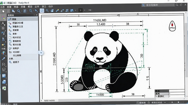 熊猫CAD看图测量标注功能演示，图纸上显示距离和角度标注，工具栏突出，界面清晰