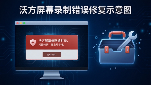 沃方屏幕录制错误修复示意图,画面显示一个电脑窗口弹出错误提示,旁边有一个工具箱图标,背景为深蓝色科技感风格,强调问题解决的专业性