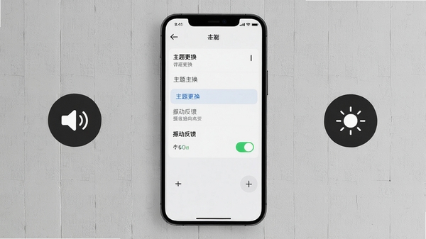 全智能计算器设置页面截图，展示主题更换选项与振动反馈开关，背景为浅灰质感墙面，手机屏幕高亮显示，旁边配有调节音量与亮度的图标，画面干净整洁