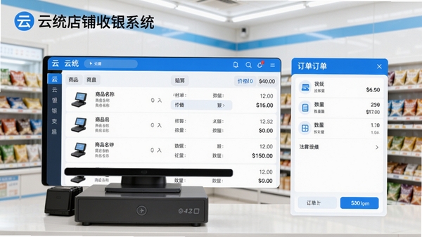 云统店铺收银系统主界面预览图，展示简洁的商品列表、结算台和订单面板，背景为明亮的便利店收银场景，界面清晰标注商品名称、价格、数量及合计金额，整体风格现代清爽，色彩以蓝白为主，突出软件名称“云统店铺收银系统”在左上角Logo位置