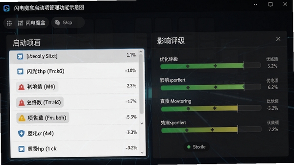 闪电魔盒启动项管理功能示意图，展示启动项列表和影响评级的界面，背景为深色系统风格，突出显示优化建议标识