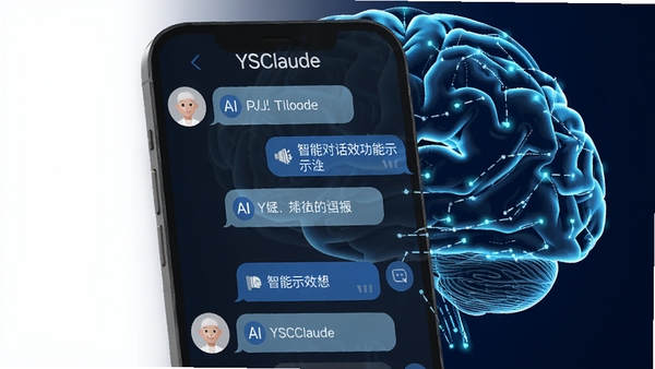 YSClaude智能对话功能示意图,展示手机屏幕内用户与AI的连续对话气泡,背景为抽象的大脑网络连接图形,色彩以蓝色为主,传达出智能、高效的科技感。