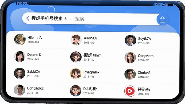 搜虎手机号搜索的搜索结果展示图，屏幕中显示多个社交平台的头像和昵称列表，界面明亮清晰，数据条目排列整齐
