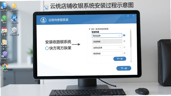 云统店铺收银系统安装过程示意图，显示安装向导界面，有下一步按钮和路径选择框，背景为电脑桌面，画面清晰标注安装路径和快捷方式选项，整体风格专业