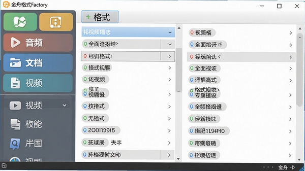 展示金舟格式工厂主界面，左侧为视频、音频、文档等分类选项卡，右侧为详细的格式选择列表，界面设计现代简洁，色彩明快，突出软件全面的格式支持能力