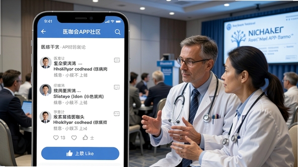医咖会APP社区讨论页面，手机屏幕显示医生们正在讨论一个复杂病例，有评论和点赞按钮，界面友好，背景为医学会议场景，体现学术交流氛围