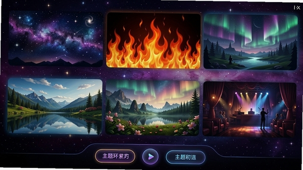浪漫歌厅动态背景切换效果图,展示多种主题皮肤预览,包括星空、火焰、自然风光等,画面色彩鲜艳,过渡自然,界面底部有主题切换按钮,整体设计炫酷