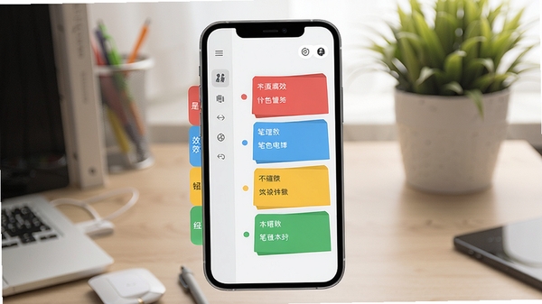 四色笔记软件主界面预览图，展示四色分类笔记列表，背景为浅灰色桌面，左侧有彩色分类标签栏，右侧笔记卡片按红蓝黄绿四种颜色排列，整体风格简洁明亮，突出高效管理氛围，画面主体为手机屏幕内的应用界面，背景为书桌与绿植，光线柔和，适合软件介绍场景