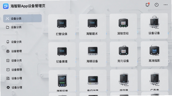海智联App设备管理页面截图风格展示，左侧为设备分类列表，右侧为设备卡片网格，每张卡片显示设备图标和名称，背景为浅灰色科技纹理，画面干净整洁，突出多设备管理的便捷性，适配Boogu模型生成。