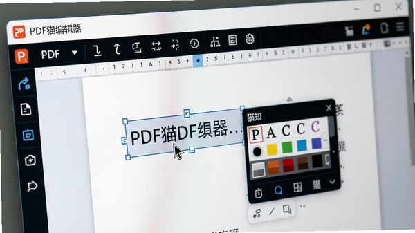 特写镜头，电脑屏幕显示PDF猫编辑器的编辑界面，正在修改PDF文档中的文字，选中文字后有浮动工具栏显示字体颜色选项，光标闪烁，界面清晰，软件名称“PDF猫编辑器”显示在窗口标题栏，高清，细节丰富