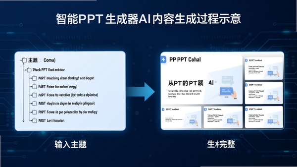智能PPT生成器AI内容生成过程示意，展示从输入主题到生成完整PPT页面的流程，画面包含文字大纲和生成后的幻灯片缩略图，背景为科技感蓝色调
