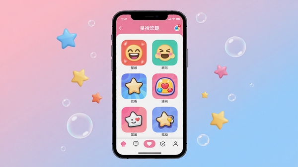 创作一张展示星拾欢趣应用核心界面的概念图,画面主体为一部亮屏的智能手机,屏幕中显示色彩斑斓、充满活力的应用主界面,包含趣味表情包、互动游戏等元素图标。背景采用渐变的柔和粉蓝色调,搭配漂浮的星星、气泡等装饰元素,营造出轻松、愉悦、充满想象力的氛围。整体风格扁平化且现代,突出应用的趣味性和易用性。