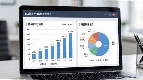 商店管家收银软件报表中心界面，展示柱状图和饼图，包含营业额趋势、商品销售占比，背景为办公桌上一台笔记本电脑，风格商务简洁。