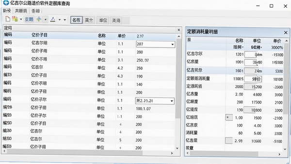 亿吉尔公路造价软件定额库查询界面，显示定额子目列表，包含编码、名称、单位、单价等信息，右侧为定额消耗量明细窗口，界面采用分栏布局，数据展示清晰，整体风格专业严谨