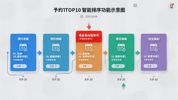 予TOP10智能排序功能示意图,显示多个预约卡片按时间线排列,紧急事项标红置顶,界面带有箭头指示排序逻辑,背景为淡灰色,突出卡片色彩,整体风格简约专业