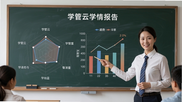 学管云学情报告图表界面,展示雷达图、柱状图和趋势线,背景为教室黑板,有教师正在讲解,整体风格专业且亲和