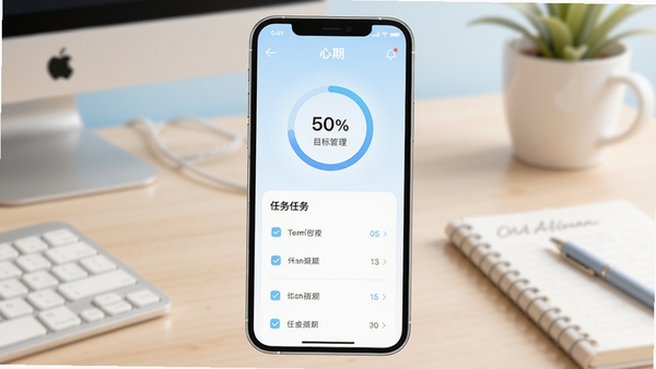 心期app主界面预览图，画面中心显示一个手机屏幕，屏幕内是心期应用的目标管理界面，以清新淡蓝和白色为主色调，界面包含圆形进度环和任务列表，背景为柔和的渐变书桌场景，整体风格干净明亮，体现陪伴成长的温暖氛围