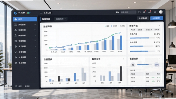 书生ERP软件主界面预览图，展示左侧功能导航栏与中央数据看板，背景为现代化办公场景，整体风格商务简洁