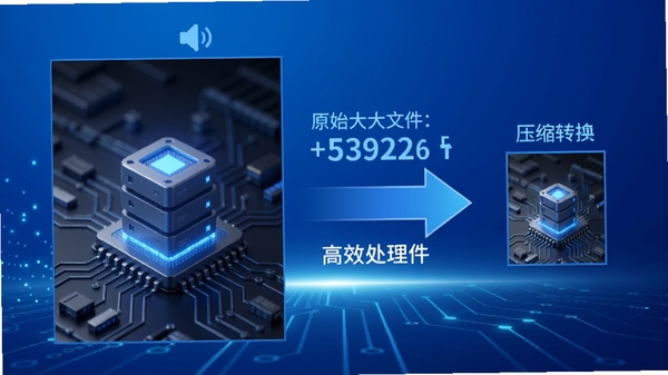 改图鸭软件功能展示图，画面左侧显示原始大文件图片，右侧显示经过压缩转换后的小文件图片，中间以箭头连接并标注文件大小变化，背景为科技感十足的蓝色渐变，强化软件高效处理能力的视觉印象