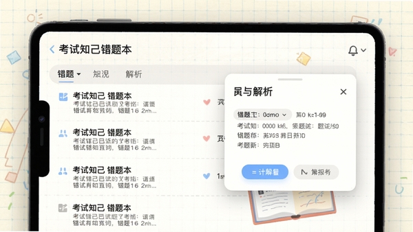 考试知己错题本界面，展示错题列表与解析弹窗，背景为柔和的网格纸纹理，整体风格简洁明快