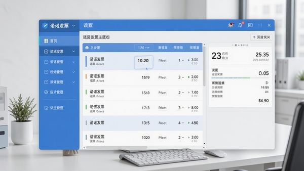 诺诺发票主界面截图，展示软件整体布局，左侧功能导航栏，右侧发票列表与预览区域，背景为干净整洁的办公桌面，整体色调以蓝色和白色为主，风格现代简约，界面清晰直观