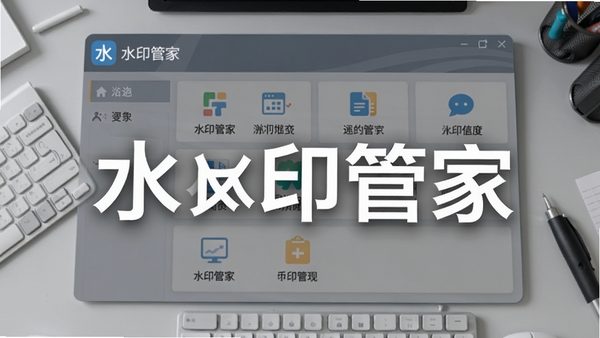 水印管家主界面预览图，展示软件logo与整洁的功能布局，背景为浅灰色工作台，突出软件名称水印管家
